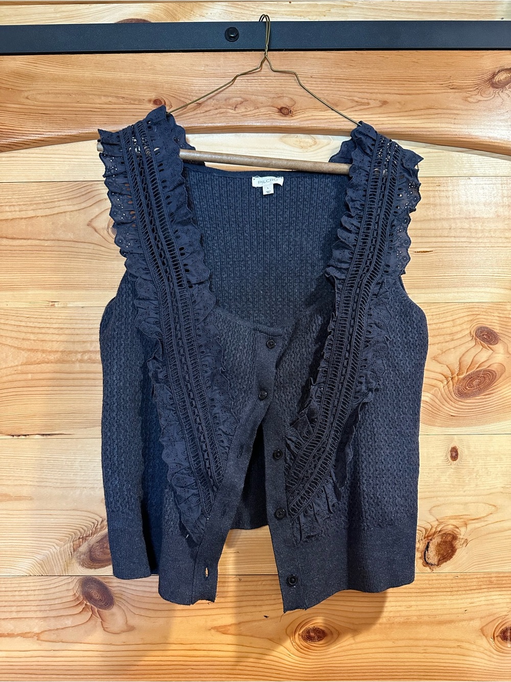 Pilcro Navy Ruffle-Trim Knit Button Vest
